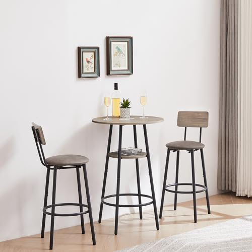 23.6” Diameter Round Bar Table Set for 2 with Storage Shelf, Counter Height Pub Table and Chairs, Small Round Kitchen Table with Backrest Stools for Small Spaces, Breakfast Nook Dining Table - color: Grey, style: Round w/ Upholstered Stool