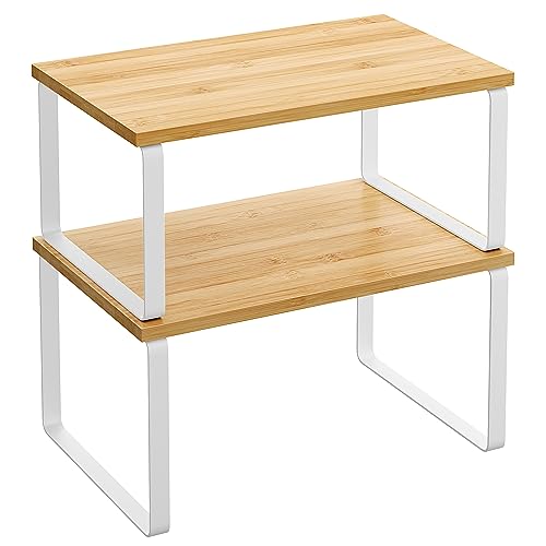 SONGMICS Cabinet Organizer Shelf, Set of 2 Spice Rack, Kitchen Storage | Kitchen Counter Storage Spice Rack, Steel, Bamboo, Light Bamboo and Matte Black, BYSTRO Collection UKCS02NW - color: Cloud White + Natural Beige, size: 11.7"w