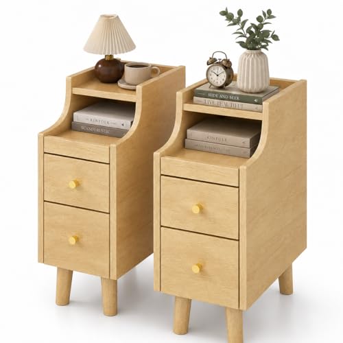 POWERSTONE Narrow Nightstand with 2 Drawers Set of 2, Solid Wood Bedside Table with Pull Out Tray & Cable Hole & Slots, Slim End Side Table for Small Spaces Bedroom, Living Room, Natural - color: Natural