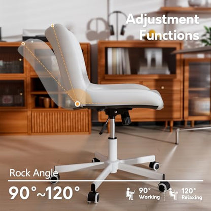 Armless Desk Chair, Morden Home Office Chair no Arms, Adjustable Height & Rocking Computer Chair, PU Leather Vanity Chair, Ergonomic Seat Soft Padded Desk Chairs for Home Small Space, White - color: White