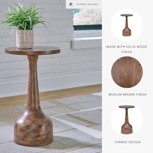 Signature Design by Ashley Round Pedestal Accent Table, Joville | Wood pedestal side table, Compact 14-in diameter tabletop, Space-saving profile for tight nooks, Contemporary home styling - color: Medium Brown