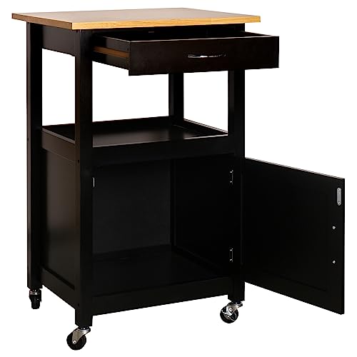 Kitchen Island Cart on Wheels, Black Base, Natural Hardwood Top | Drawer, Storage Cabinet, Shelf - color: Black