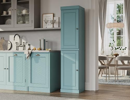 Solid Wood Kitchen Pantry - Narrow Storage Cabinet - Raised Panel Doors, Adjustable Shelves, Aqua, 16.5" Wide x 71.5" Tall, 100% Eco-Friendly Wood, Modular Pantry Cabinet Systems - color: Aqua, style: Raised Panel Doors