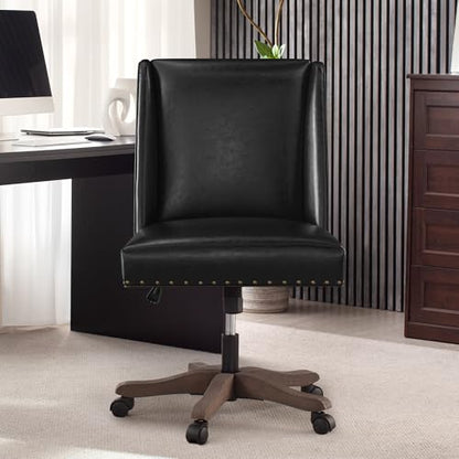 Upholstered Armless Office Chair Faux Leather Swivel Home Desk Office Chair | Modern Comfy Boho Office Chair with Wheels Adjustable Desk Chair no Arms for Sewing Women Farmhouse Study Studio PU Black - color: Black