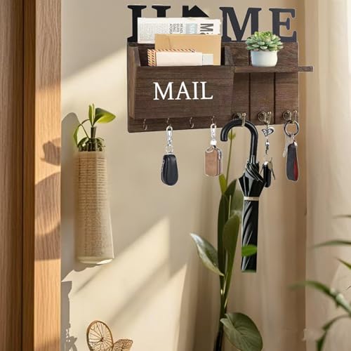 Rustic Wall Key Holder with Shelf & Hooks - Mail Organizer for Entryway | Wooden Key Rack for Keys, Coats, Dog Leash - Brown - color: Brown