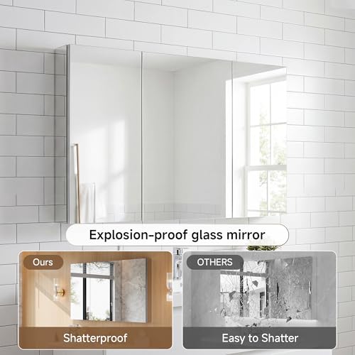48" x 30" Bathroom Medicine Cabinet with Mirror, Recessed or Wall Mount | Medicine Cabinets with Adjustable Glass Shelves, Soft-Closed Hinge, Chrome Aluminum Frame, Reverse Installation - size: 48" x 30"