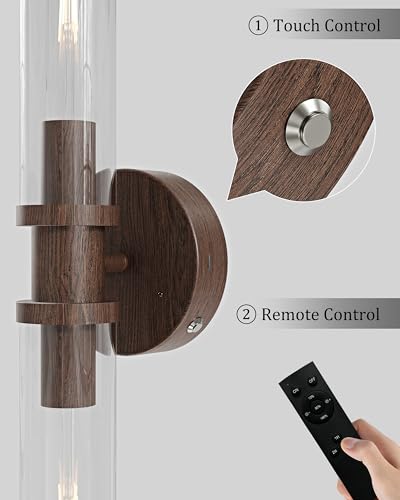 Rayogale Walnut Wireless Battery Operated Wall Sconces with Remote Control | Glass Rechargeable Wall Lights Set of 2 with Timer Function Dimmable for Living Room Bedroom Emergency 3000K, 20.5 Inch - color: Walnut(Clear Tubular Lampshade)