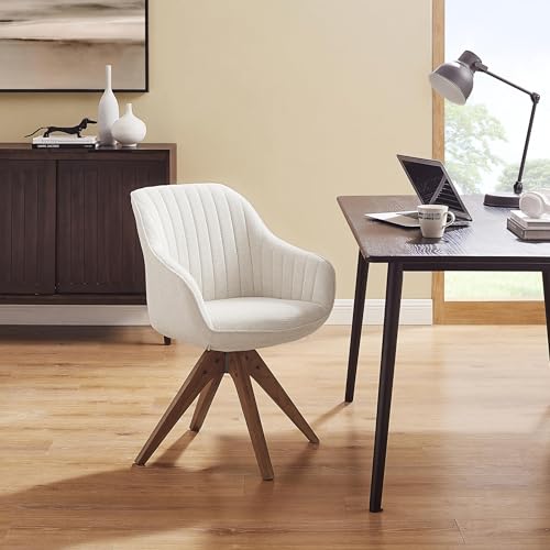 Swivel Desk Chair for Home Office, Fabric, Beige | No Wheels, Oka Wood Legs, Mid Century Modern, Upholstered, 360° Swivel, Accent Chair, Living Room, Bedroom - color: Beige, size: Fabric
