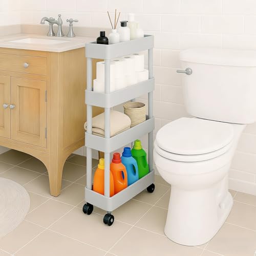 ShellKingdom 4 Tier Bathroom Storage Organizer, Slim Rolling Storage Cart for Narrow Space, Mobile Shelving Unit with Lockable Wheels and Hooks for Bathroom, Kitchen, Laundry Movable Shelf (Grey) - color: Grey