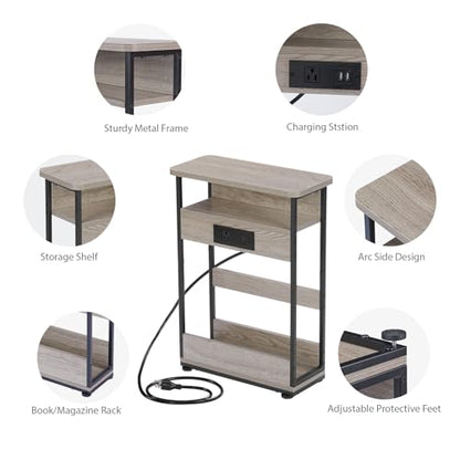 YEAKOO Narrow Side Table with Charging Station, 3-Tier End Table with 2 USB Ports & Power Outlets,Thin Sofa Side Table for Narrow and Small Spaces, Bedside Table Nightstand for Living Room,Oak - color: Oak