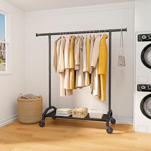 Wiracks Clothes Rack Clothing Racks for Hanging Clothes Heavy Duty Clothes Rack Hanger Rack 200lbs Capacity Industrial Wheels 1" Pipe,Rolling Garment Rack Portable Clothes Rack Black