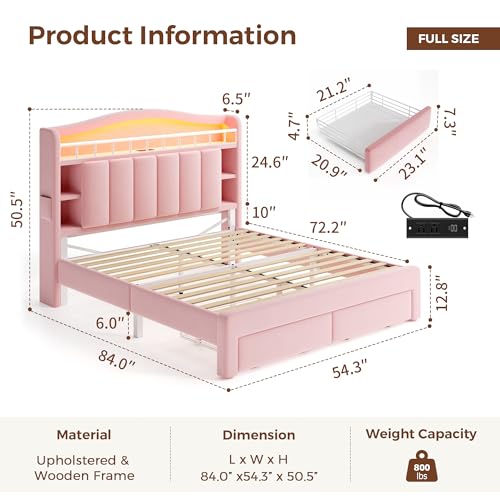 Full LED Bed Frame with Storage Headboard & 2 Storage Drawers, Princess Velvet Upholstered Bed with Vertical Tufted Headboard Design for Girls, USB & Type-C Charging Ports, Wooden Slats Support, Pink - color: Pink, size: Full