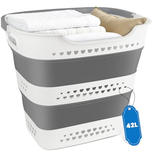 42L Collapsible Laundry Baskets with Handle, Large Laundry Hamper Plastic for Dirty Clothes, Pop Up Hampers Portable Bin Storage Basket Organizer for Home Dorm Room Organization RV Camping Essentials