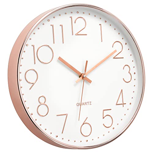 Foxtop 12" Modern Wall Clock Silent Battery Operated Rose Gold Clock | Non Ticking, Quartz, Round, Analog, Easy to Read, Bedroom, Kitchen, Living Room, Office - color: Rose Gold, size: 12 Inch Quartz