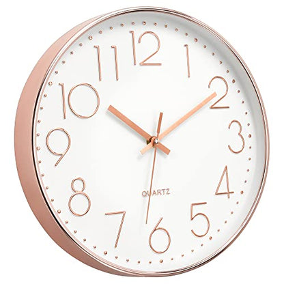 Foxtop 12" Modern Wall Clock Silent Battery Operated Rose Gold Clock | Non Ticking, Quartz, Round, Analog, Easy to Read, Bedroom, Kitchen, Living Room, Office - color: Rose Gold, size: 12 Inch Quartz