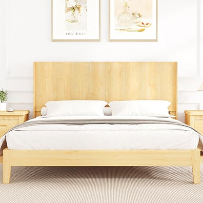 King Size Headboard Only with Outlets, 79.92" W Fluted Headboard, Mid Century Modern Boho Head Board with Storage&LED Lights, Natural - color: Natural, size: King