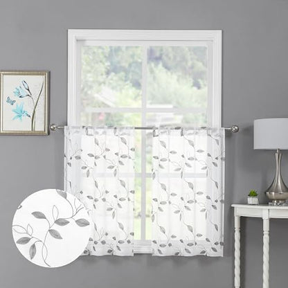 Tollpiz Grey Leaf Sheer Tier Curtain Kitchen 30 x 36 Inches | Leaves Embroidered Curtains Rod Pocket Voile Bathroom Window Treatment for Cafe, Set of 2 Panels - color: Grey, size: 30"W x 36"L (Pack of 2)