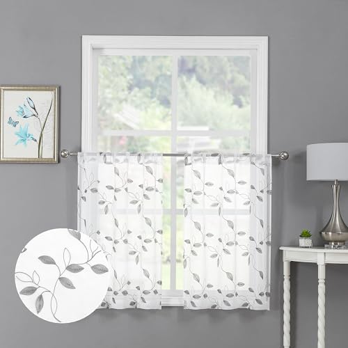 Tollpiz Grey Leaf Sheer Tier Curtains Kitchen 30 x 24 Inches | Short Curtain Leaves Embroidered Rod Pocket Voile Bathroom Window Treatment for Cafe, Set of 2 Panels - color: Grey, size: 30"W x 24"L (Pack of 2)