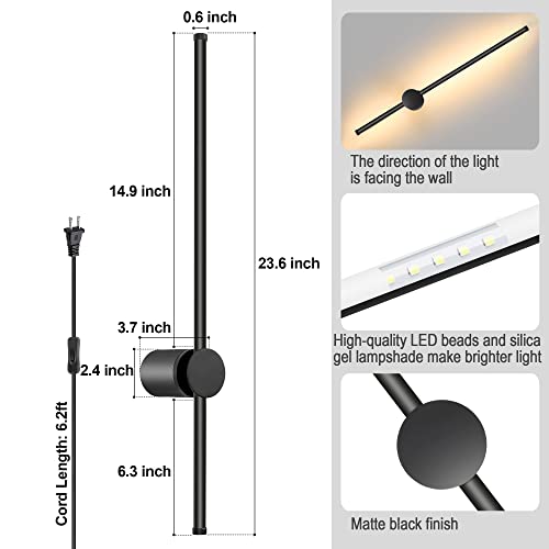 GOODATE Wall Sconces Set of Two with Remote, Stepless Colors 3000K-6500K & Stepless Dimming, Hardwire or Plug-in, 180° Rotate, LED Black Plug in Wall Sconces with Timer & Night Light, 23.6 Inches - color: Black, Stepless Color Temperature: 3000K-6500K, si