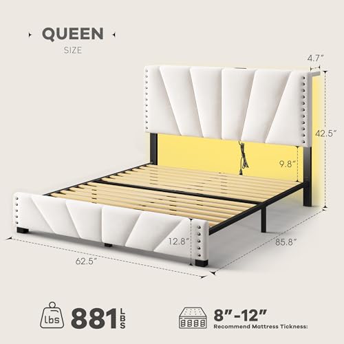 EnHomee Queen Bed Frame with LED Lights & USB, Noise-Free, Beige | Adjustable Velvet Headboard,Under-Bed Space, Heavy Duty Support with 12 Slats, No Box Spring Needed, Easy Assembly - color: Beige, size: Queen (U.S. Standard)
