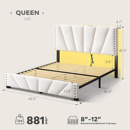 EnHomee Queen Bed Frame with LED Lights & USB, Noise-Free, Beige | Adjustable Velvet Headboard,Under-Bed Space, Heavy Duty Support with 12 Slats, No Box Spring Needed, Easy Assembly - color: Beige, size: Queen (U.S. Standard)