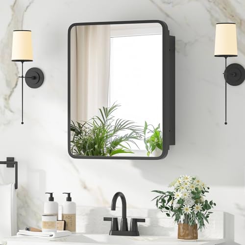 Medicine Cabinet with Mirror, 14x18 Inch Black Bathroom Mirrored Cabinet, Metal Framed Wall Cabinet with Beveled Mirror, Modern Surface Mount or Recessed Medicine Cabinet with Storage - color: Black, size: 14*18inch
