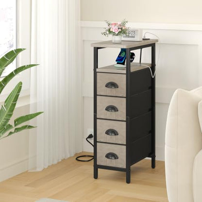 sthmec Nightstand with Charging Station, Narrow Night Stand Set of 2 with 4 Drawers, Skinny Side Table with Fabric Drawers,Slim Sofa Couch Tables for Small Spaces,Living Room,Bedroom, Grey - color: Grey, style: Power