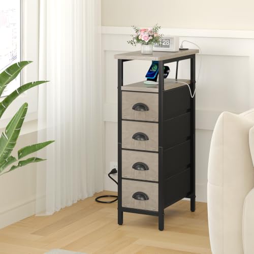 sthmec Nightstand with Charging Station, Narrow Night Stand Set of 2 with 4 Drawers, Skinny Side Table with Fabric Drawers,Slim Sofa Couch Tables for Small Spaces,Living Room,Bedroom, Grey - color: Grey, style: Power
