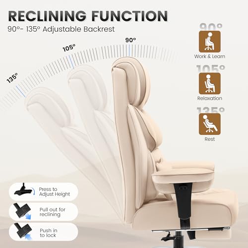 BestGlory Office Desk Chair, Big and Tall Leather Gaming Chair with Footrest, Wide Ergonomic Comfy Executive High-Back Reclining Computer Chairs, Swivel Rolling Wheels and Padded Lumbar Support, Beige - color: Beige, style: 3 Position Reclining