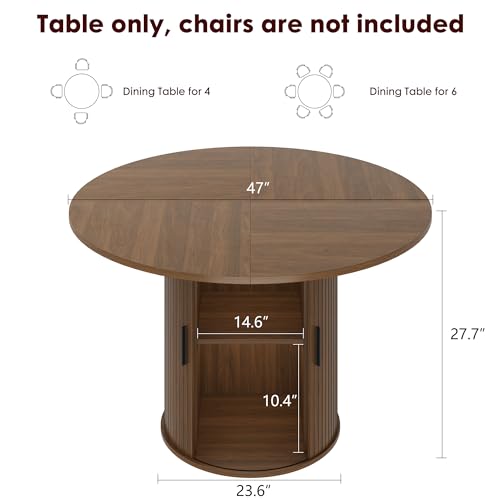 IDEALHOUSE 47 Inch Round Dining Table for 4, Walnut | With 2-Tier Shelf and Wood Slide Door, Pedestal Dinner Table Space Saving, T-Shape Base, Dining Room, Classic Walnut Finish - color: Walnut