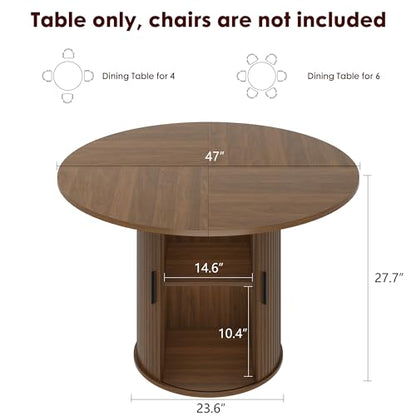 IDEALHOUSE 47 Inch Round Dining Table for 4, Walnut | With 2-Tier Shelf and Wood Slide Door, Pedestal Dinner Table Space Saving, T-Shape Base, Dining Room, Classic Walnut Finish - color: Walnut