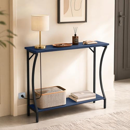 ARTPOWER Wood Narrow Console Table with Built-in Power Outlets, Blue | Slim Behind Couch Sofa Table with Charging Station, Skinny Entryway Table with Open Shelf for Living Room, Hallway, Foyer - color: Blue, size: 1-pack