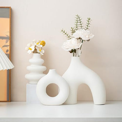 White Ceramic Vase Set of 3,Neutral Boho Nordic Minimalism Style Flower Vases for Living Room Wedding Table Party Office Bedroom - color: White