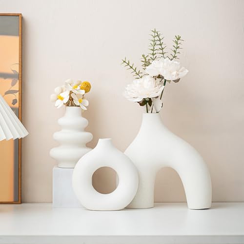 White Ceramic Vase Set of 3,Neutral Boho Nordic Minimalism Style Flower Vases for Living Room Wedding Table Party Office Bedroom - color: White