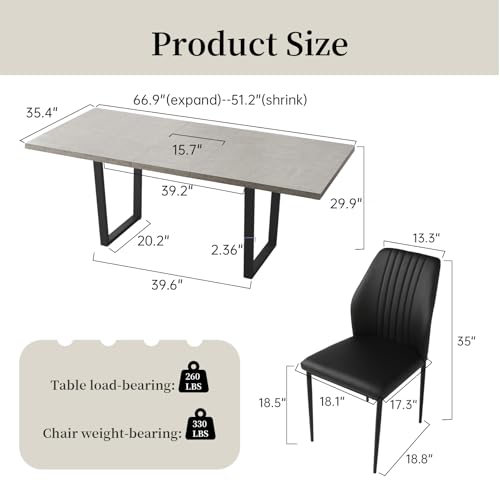Mid-Century Extendable Dining Table Set, 51"-67", 6 Upholstered Chairs - color: Table + 6 Black Chairs, size: 51"-67"
