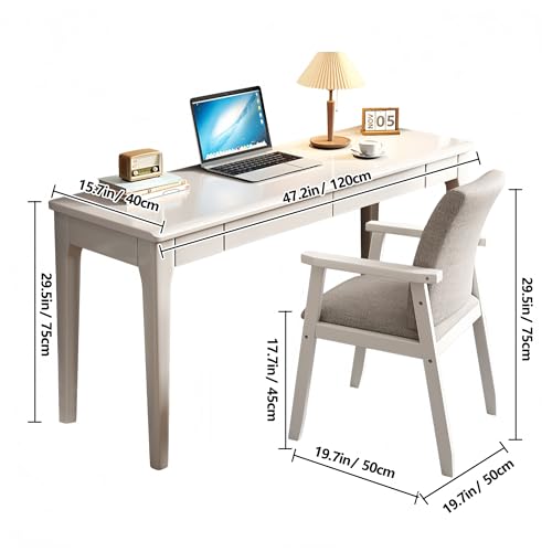Solid Wood Narrow home office Desk with Drawers and chair for Small Spaces | Computer Table Rubberwood Frame, Ultra Slim Depth, Built-in Cable Hole, work desk for Bedroom & Entryway Apartment - color: White, size: 48*16IN