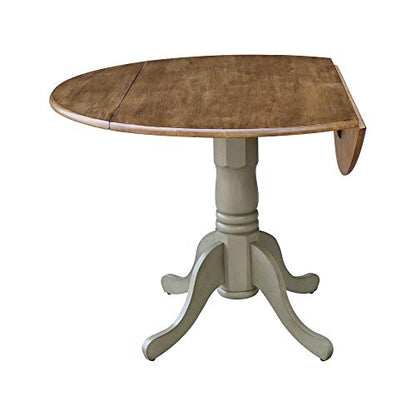 IC International Concepts, 42" Round Dual Drop Leaf Pedestal Dining Table, Solid Real Wood, Sturdy Parawood, Distressed Hickory/Stone - color: Distressed Hickory/Stone