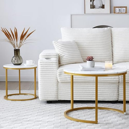 Nesting Side Tables, Coffee Table Set of 2 with Sturdy Metal Frame, Modern Industrial Simple Nightstand for Living Room Bedroom Apartment (White+Gray) - color: White+gray