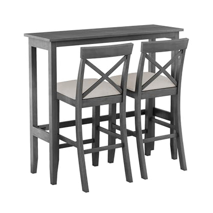 3 Piece Counter Height Dining Table Bar Table Set with 2 Chairs, Small Kitchen Table Breakfast Nook for 2, Good for Bar or Small Space, Gray - color: Grey