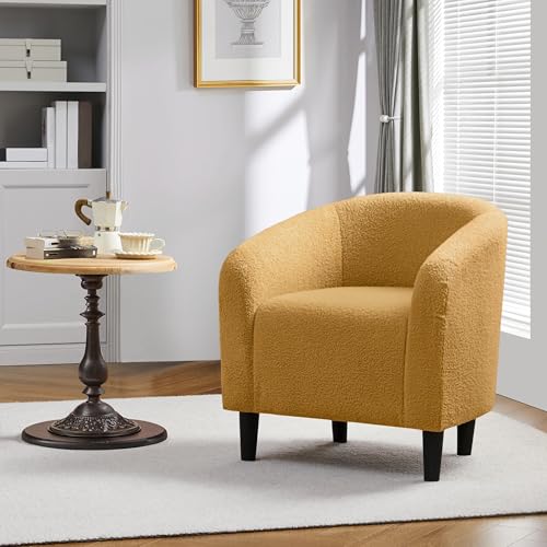 Yaheetech Small 25.5in Wide Sherpa Barrel Accent Chair, Mustard Yellow | Compact Cozy Barrel Chairs with a Curved Silhouette, Upholstered Furry Armchair for Small Spaces, Living Room Bedroom Corner - color: Mustard Yellow (Boucle), style: without Ottoman