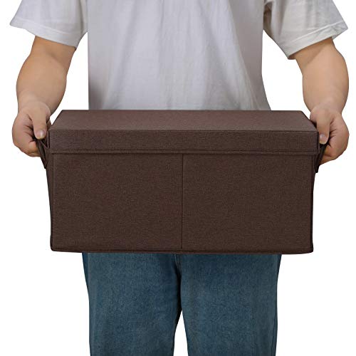 HOONEX Linen Foldable Storage Bins with Lids, 2 Pack, Storage Boxes with Carrying Handles and Sturdy Heavy Cardboard, 16.5" L x 11.8" W x 7.5" H for Shoes, Clothes, Brown - color: Brown