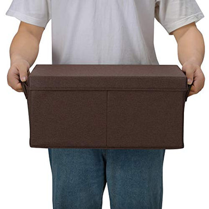 HOONEX Linen Foldable Storage Bins with Lids, 2 Pack, Storage Boxes with Carrying Handles and Sturdy Heavy Cardboard, 16.5" L x 11.8" W x 7.5" H for Shoes, Clothes, Brown - color: Brown