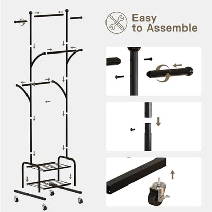 Rolling Clothes Rack with 2 Shelves, Small Metal Clothing Rack with Wheels | Gasvadivum 71" Tall Sturdy Garment Rack with 3 Hanging Rods, Freestanding Portable Coat Rack for Bedroom, Entryway, Black - color: Black