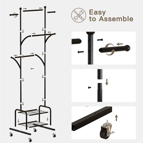 Rolling Clothes Rack with 2 Shelves, Small Metal Clothing Rack with Wheels | Gasvadivum 71" Tall Sturdy Garment Rack with 3 Hanging Rods, Freestanding Portable Coat Rack for Bedroom, Entryway, Black - color: Black