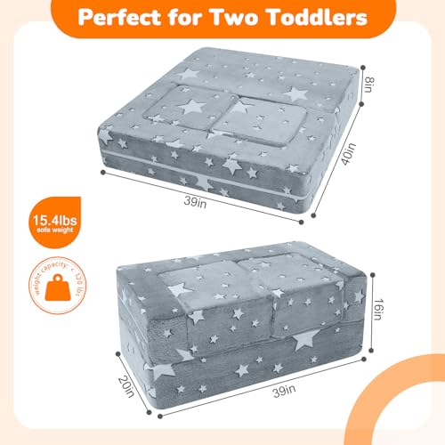 MeMoreCool Glow in Dark Star Kids Couch, Fold Out Foam Play Sofa, Grey | Glow in dark star kids couch, grey foam sofa folds out for playroom fort building play - color: Stars