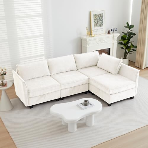 L Shaped Couch with Storage, Modular Sectional L Sleeper Sofa Cama Moderno Sets for Home Living Room, Lounge Sofa Couch Sectional Convertible for Bedroom, Office - Cloud Couch/Beige Couch - color: Beige, size: L Shaped-3+1