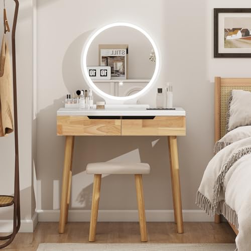 YOURLITE Makeup Vanity Desk with Lighted Mirror & Stool | 31.5" Makeup Table, 3 Lighting Modes, Adjustable Brightness, 2 Drawers, Cushioned Stool, Round Mirror - size: 31.5", style: Round Mirror Wooden