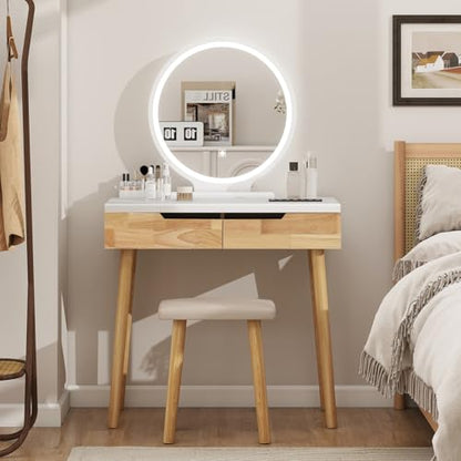 YOURLITE Makeup Vanity Desk with Lighted Mirror & Stool | 31.5" Makeup Table, 3 Lighting Modes, Adjustable Brightness, 2 Drawers, Cushioned Stool, Round Mirror - size: 31.5", style: Round Mirror Wooden