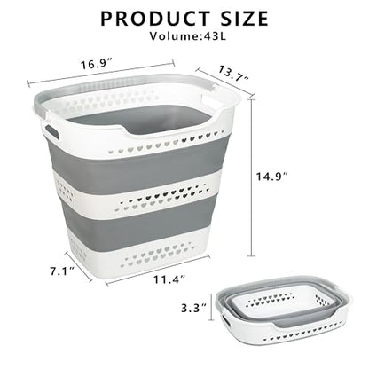 Large Collapsible Laundry Baskets for Dirty Clothes, Plastic Laundry Hamper for Dorm Bedroom Blankets, 43L Foldable Clothes Hamper for Laundry, Space Saving Pop-Up Storage Container/Organizer
