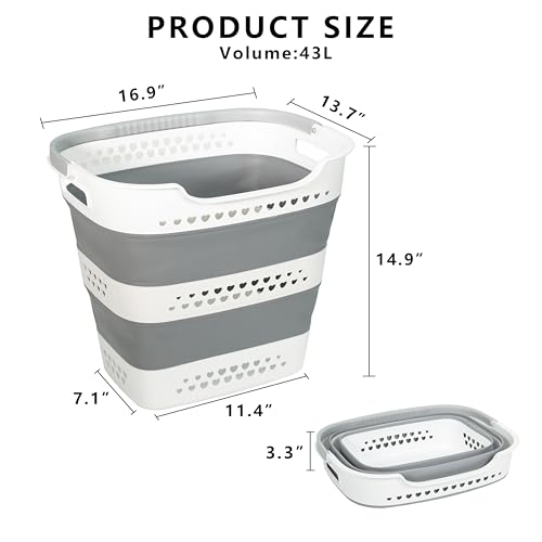 Large Collapsible Laundry Baskets for Dirty Clothes, Plastic Laundry Hamper for Dorm Bedroom Blankets, 43L Foldable Clothes Hamper for Laundry, Space Saving Pop-Up Storage Container/Organizer
